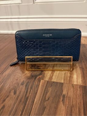 Coach Navy Snake-Embossed Zip Around Wallet with Silver Logo